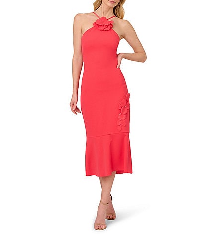 Adrianna Papell 3D Flower Applique Halter Sleeveless Crepe Sheath Midi Dress