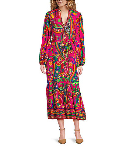 Adrianna Papell Adrianna by Adrianna Papell Printed Rayon Split V-Neck Blouson Sleeve Belted Flounce Hem A-Line Dress