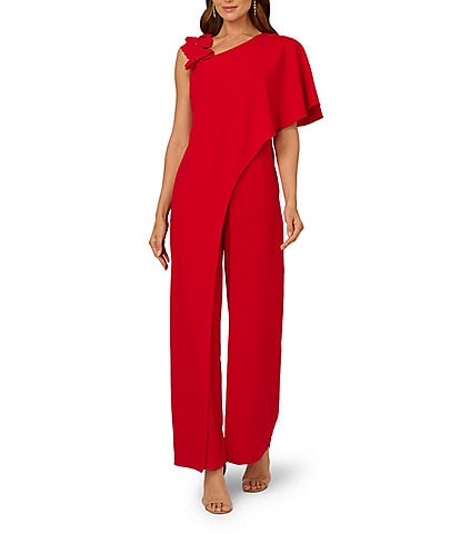 Adrianna Papell Asymmetrical Neck Floral Applique Crepe Drape Front Jumpsuit