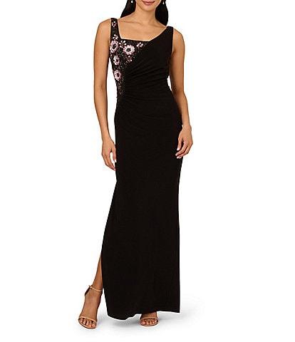Adrianna Papell Asymmetrical Neck Sleeveless Floral Beading Side Ruched Jersey Column Gown