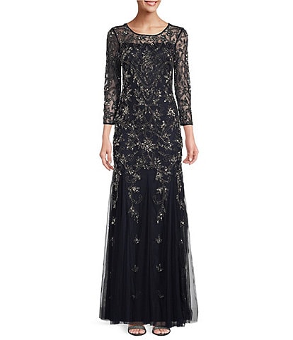 Adrianna Papell Beaded Illusion 3/4 Sleeve Scoop Neck Gown