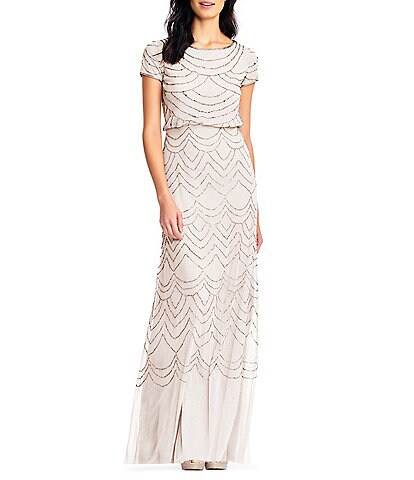 Adrianna Papell Beaded Short Sleeve Round Neck Blouson Gown