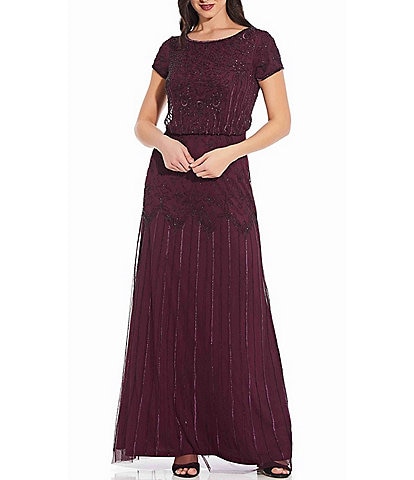 Adrianna Papell Round Neck Short Sleeve Beaded Blouson Gown