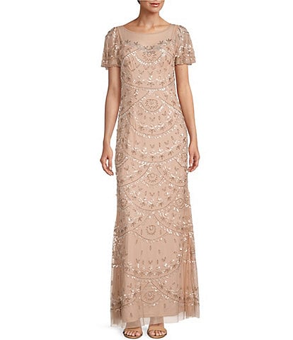 Adrianna Papell Beaded Boat Neck Short Flutter Sleeve A-Line Gown