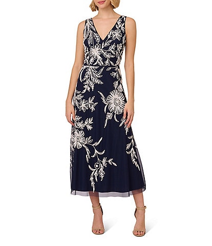 Adrianna Papell Beaded Floral Embroidered V-Neck Sleeveless Midi A-Line Dress