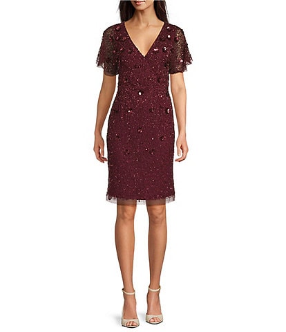 Adrianna Papell Beaded Flutter Sleeve Mesh Dress