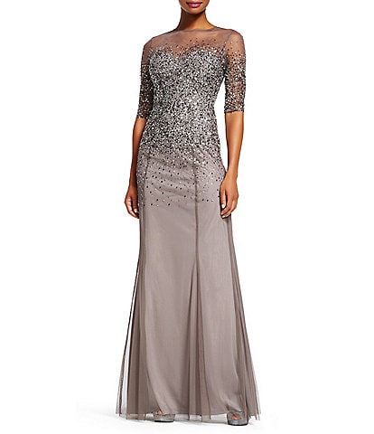 Adrianna Papell Beaded Illusion Crew Neck Short Sleeve Gown