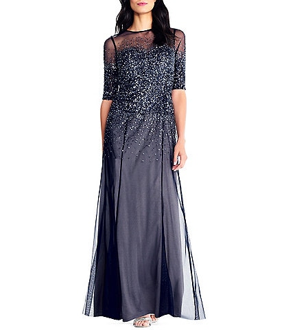Adrianna Papell Beaded Illusion Crew Neck Short Sleeve Gown