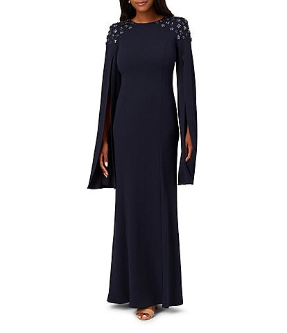 Adrianna Papell Beaded Jewel Neckline Long Cape Sleeve Gown