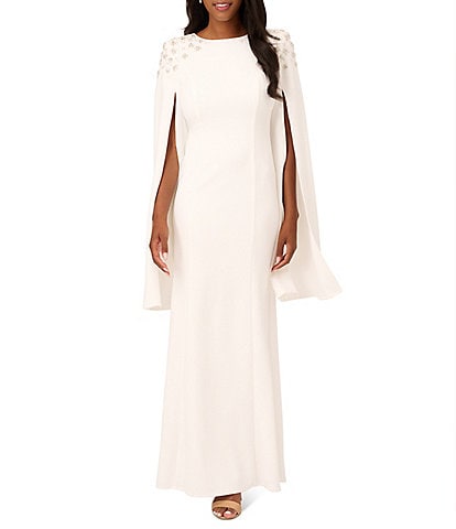 Adrianna Papell Beaded Jewel Neckline Long Cape Sleeve Gown