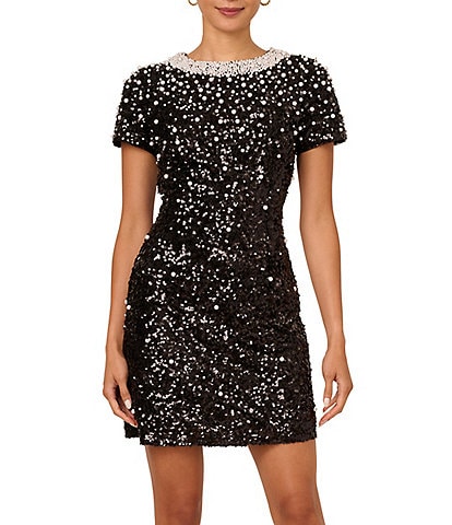 Adrianna Papell Beaded Mesh Crew Neck Short Sleeve Mini Dress