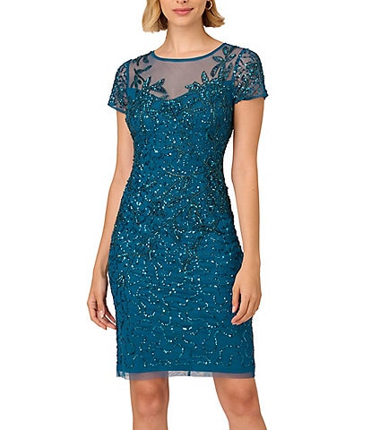 Adrianna Papell Beaded Mesh Illusion Boat Neck Short Sleeve Sheath Dress