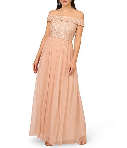 Adrianna Papell Beaded Mesh Off-the-Shoulder Gown