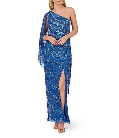 Adrianna Papell Beaded Mesh One Shoulder One Long Sleeve Gown