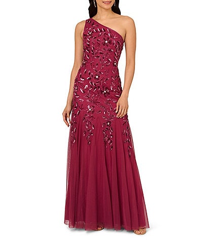 Adrianna Papell Beaded Mesh One Shoulder Sleeveless Godet Gown