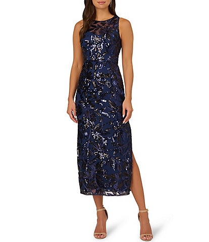 Adrianna Papell Beaded Mesh Sheath Halter Neck Sleeveless Sequined Leaf Print Gown