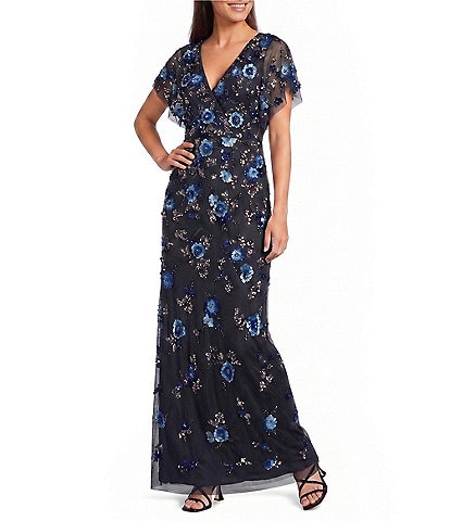 Adrianna Papell Beaded Mesh Short Flutter Sleeve Long Dress
