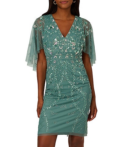 Adrianna Papell Beaded Mesh V Neck Short Flutter Sleeve Sheath Mini Dress