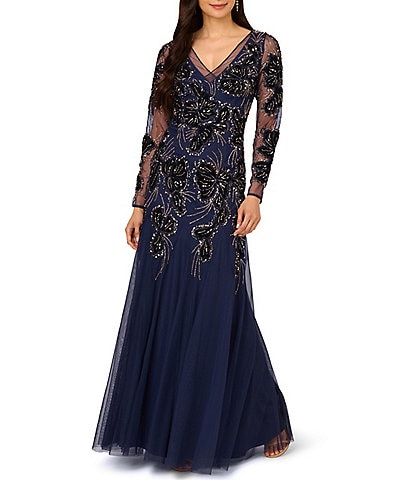 Adrianna Papell Beaded Mesh Velvet Applique V-Neck Illusion Long Sleeve Gown