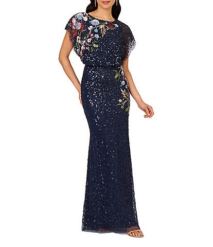 Adrianna Papell Beaded Sequin Mesh Floral Mermaid Boat Neck Short Dolman Sleeve Gown