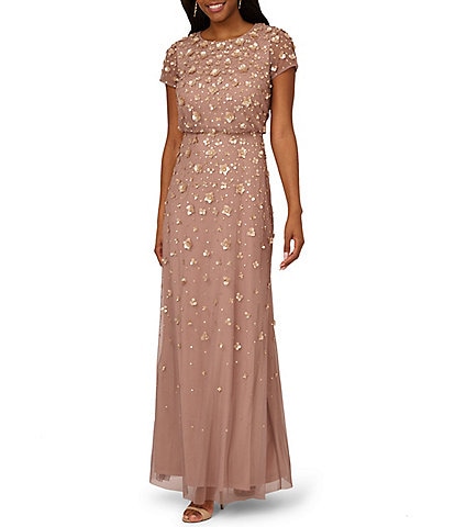 Adrianna Papell Beaded Short Sleeve Round Neck Blouson Gown