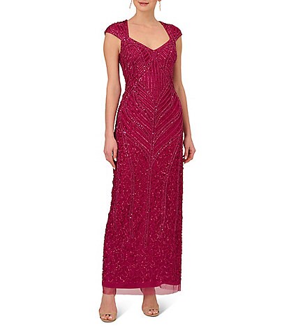 Adrianna Papell Beaded Sweetheart Neck Cap Sleeve Gown