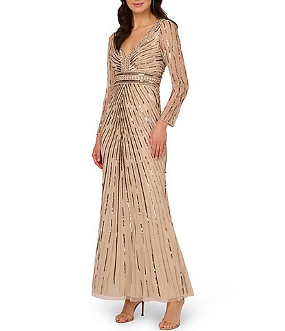 Adrianna Papell Beaded V-Neck Long Sleeve Gown