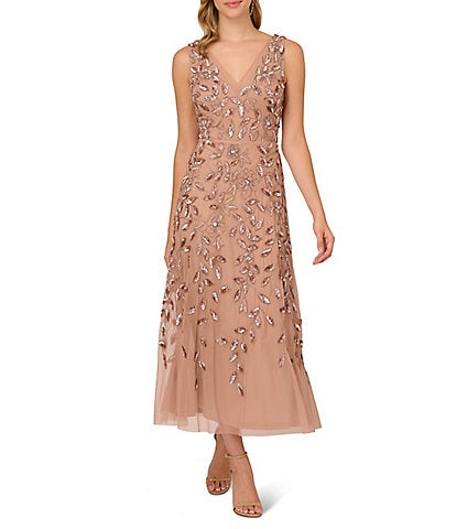 Adrianna Papell Beaded V-Neck Sleeveless A Line Gown