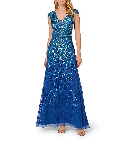 Adrianna Papell Beaded V-Neck Cap Sleeve Gown