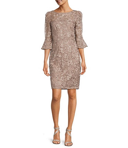 Adrianna Papell 3/4 Bell Sleeve Boat Neck Embroidered Stretch Floral Lace Sheath Dress