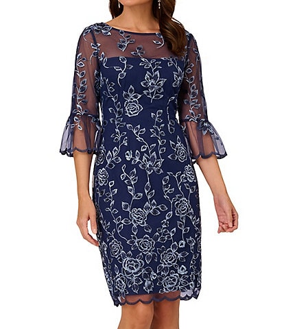 Adrianna Papell Boat Neck 3/4 Bell Sleeve Floral Embroidered Dress