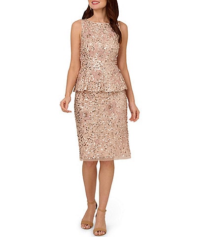 Adrianna Papell Boat Neck Beaded Mesh Peplum Dress