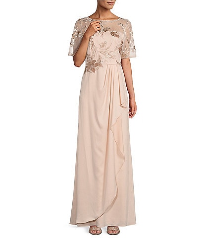 Adrianna Papell Boat Neck Short Elbow Sleeve Floral Embroidery Crepe Satin Gown