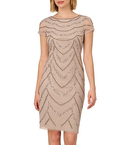 Adrianna Papell Cap Sleeve Boat Neck Beaded Dress