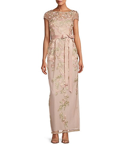 Adrianna Papell Cascading Floral Embroidery Illusion Boat Neck Short Sleeve Gown