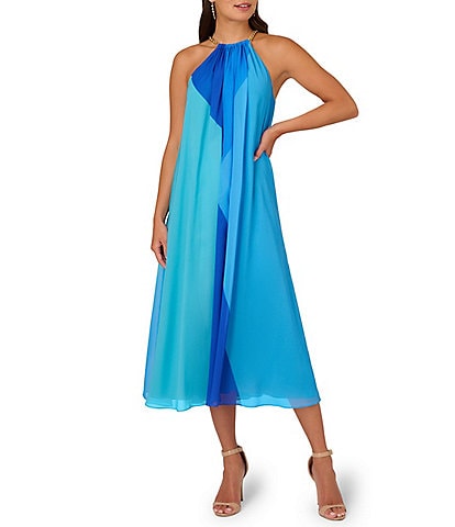Adrianna Papell Chiffon Color Block Halter Neck Sleeveless Maxi Dress
