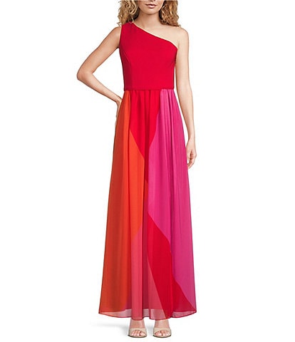 Adrianna Papell Chiffon Color Block One Shoulder Sleeveless Dress