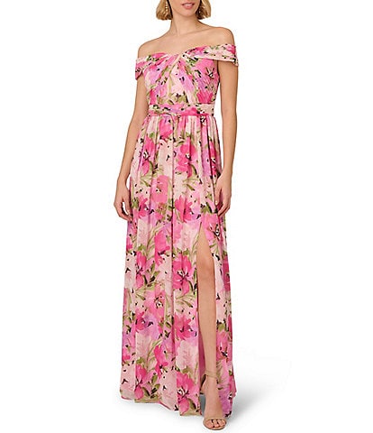 Adrianna Papell Chiffon Floral Off-The-Shoulder Cap Sleeve Dress
