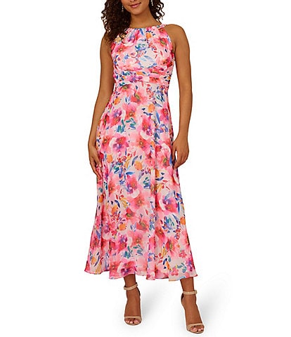 Adrianna Papell Chiffon Floral Print Halter Neck Sleeveless Back Tie Maxi Dress