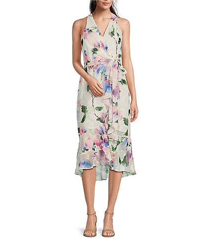 Adrianna Papell Chiffon Floral Print Surplice Neck Sleeveless High-Low Ruffle Dress