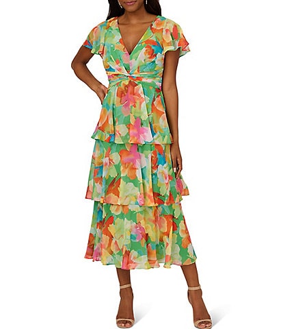 Adrianna Papell Chiffon Floral Print V-Neck Flutter Sleeve Tiered Skirt Midi Dress