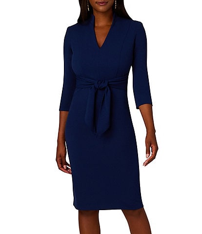 Adrianna Papell Collar V-Neck 3/4 Sleeve Tie Front Dress