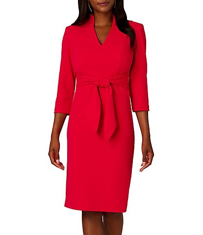 Adrianna Papell Collar V-Neck 3/4 Sleeve Tie Front Dress