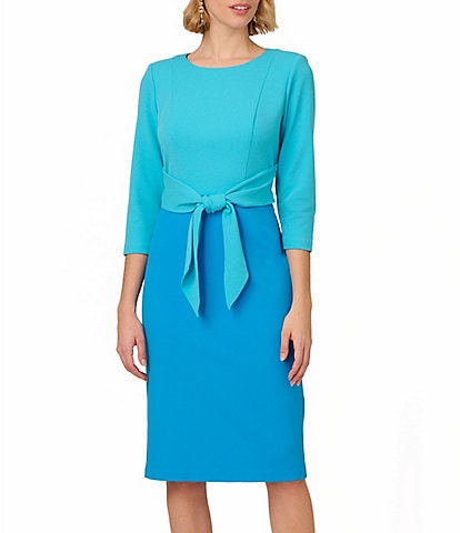 Adrianna Papell Color Block Crew Neck 3/4 Sleeve Tie Front Dress