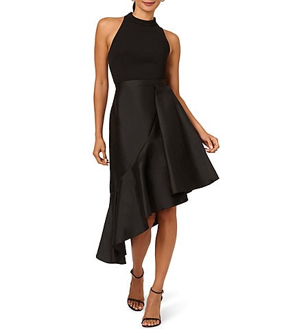 Adrianna Papell Crepe Combo Taffeta High Neck Sleeveless Asymmetrical Ruffle Midi Dress