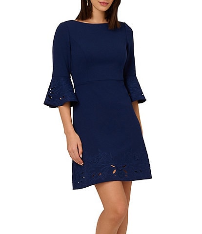 Adrianna Papell Crepe Floral Cutout Boat Neck 3/4 Sleeve Sheath Mini Dress