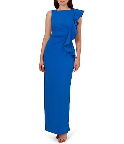 Adrianna Papell Crepe Knit Sheath Boat Neck Sleeveless Ruffle Front Gown