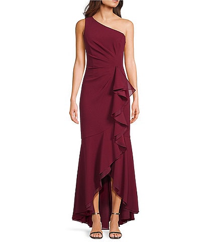 Adrianna Papell Crepe One Shoulder Sleeveless Ruffle Front Gown