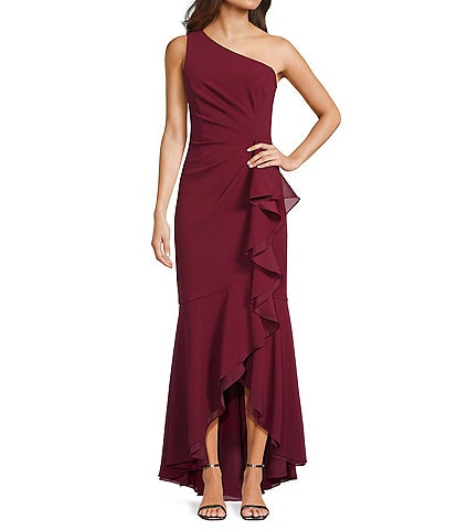 Adrianna Papell Crepe One Shoulder Sleeveless Ruffle Front Gown