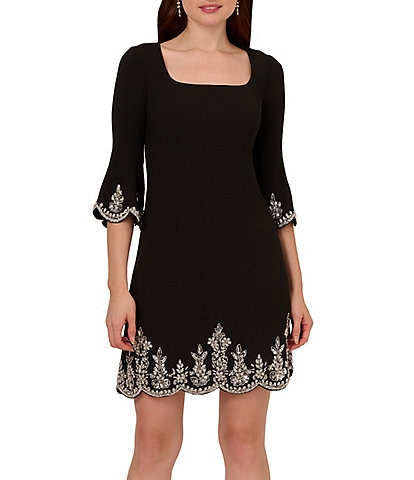 Adrianna Papell Crepe Square Neck Elbow Bell Sleeve Sequin Trim Scallop Hem Mini Dress